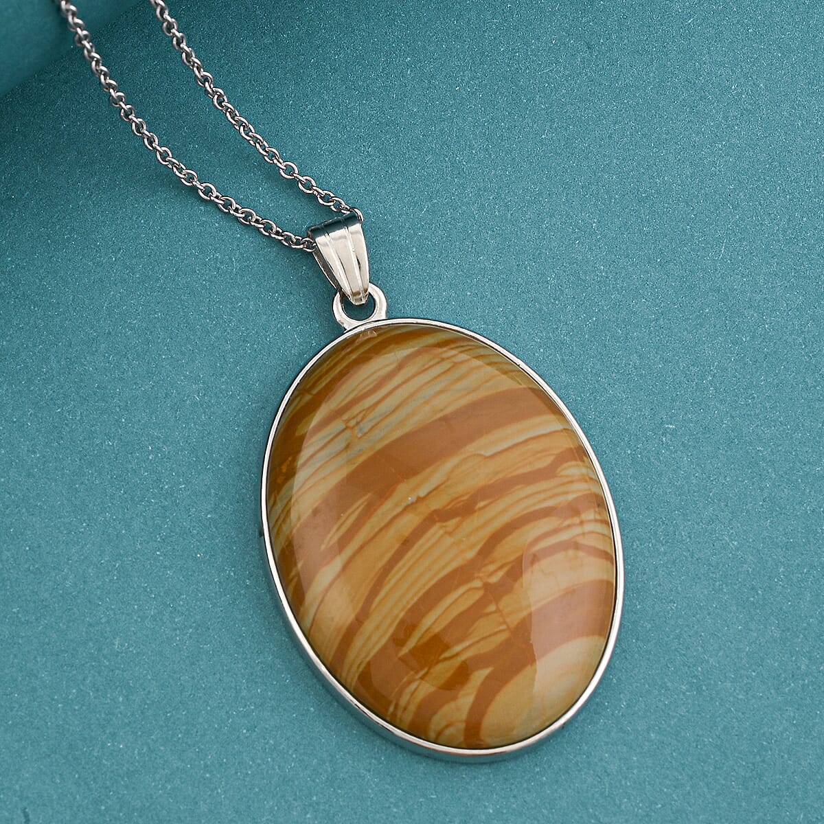 Plain Oval Scenic Jasper 58.00 ctw Inlay Frame Pendant Necklace in Stainless Steel 20 Inches image number 1