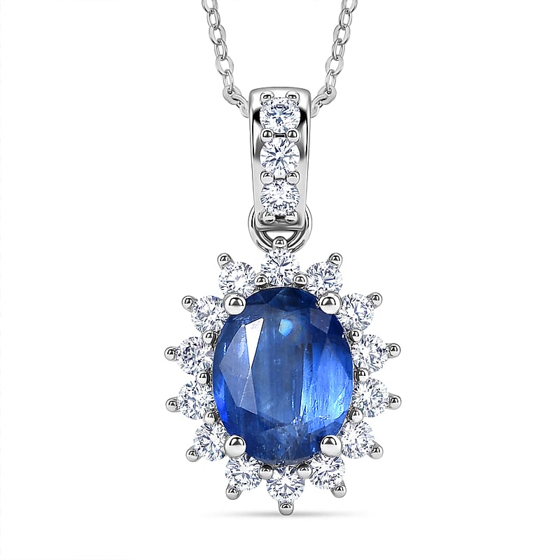 AAA Kashmir Kyanite and Luxuriant Lab Grown Diamond G-H SI 2.90 ctw Pendant Necklace (20 Inches) in Rhodium Over Sterling Silver