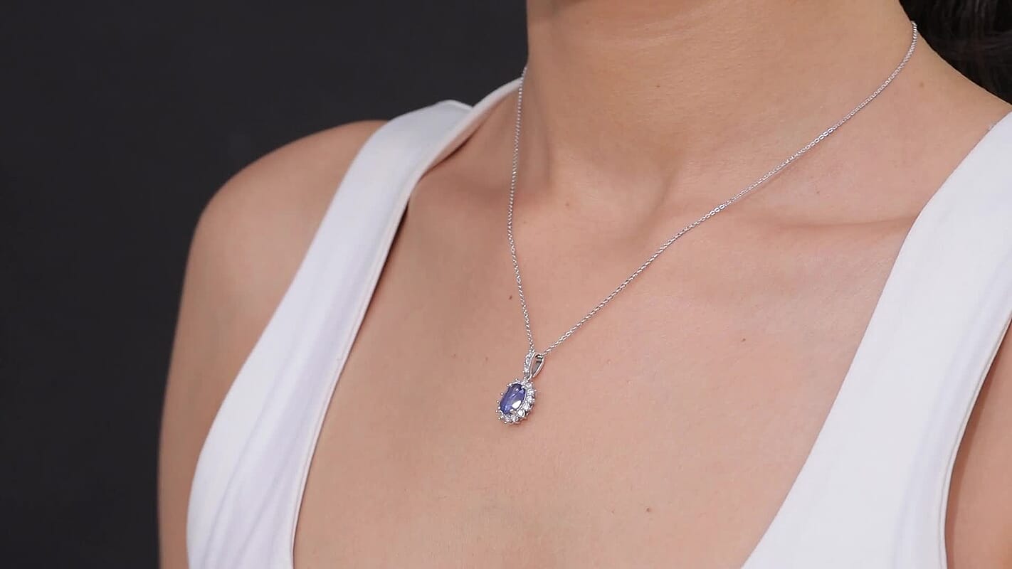 AAA Kashmir Kyanite and Luxuriat Lab Grown Diamond G-H SI 2.90 ctw Pendant Necklace (20 Inches) in Rhodium Over Sterling Silver