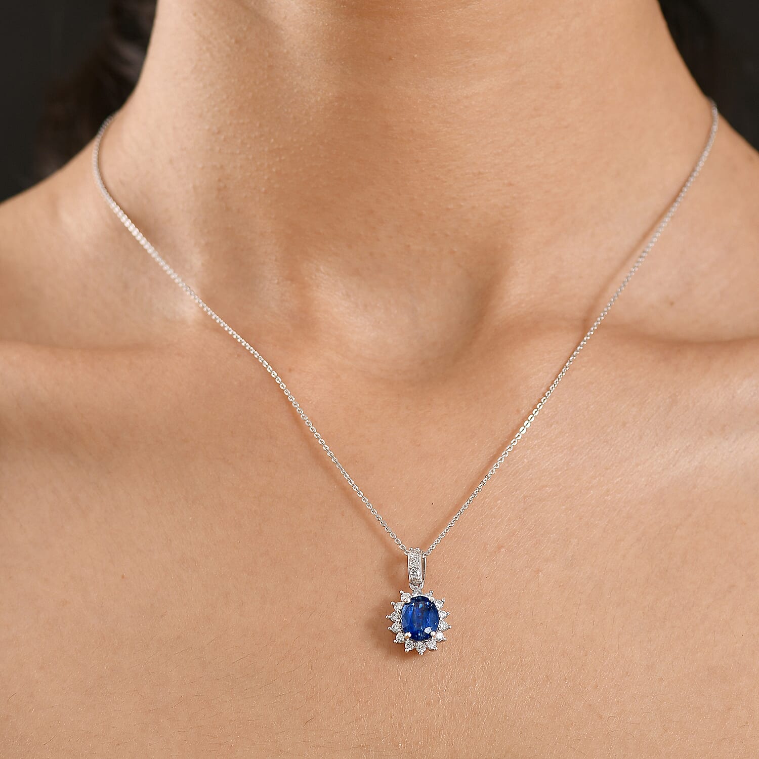 AAA Kashmir Kyanite and Luxuriat Lab Grown Diamond G-H SI 2.90 ctw Pendant Necklace (20 Inches) in Rhodium Over Sterling Silver
