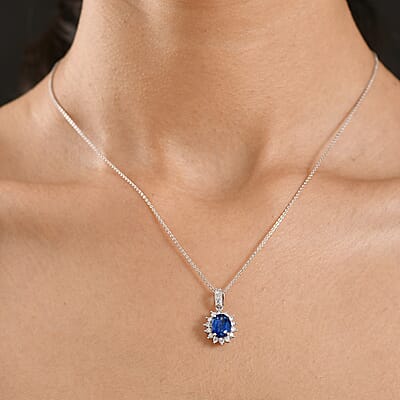 AAA Kashmir Kyanite and Luxuriant Lab Grown Diamond G-H SI 2.90 ctw Pendant Necklace (20 Inches) in Rhodium Over Sterling Silver