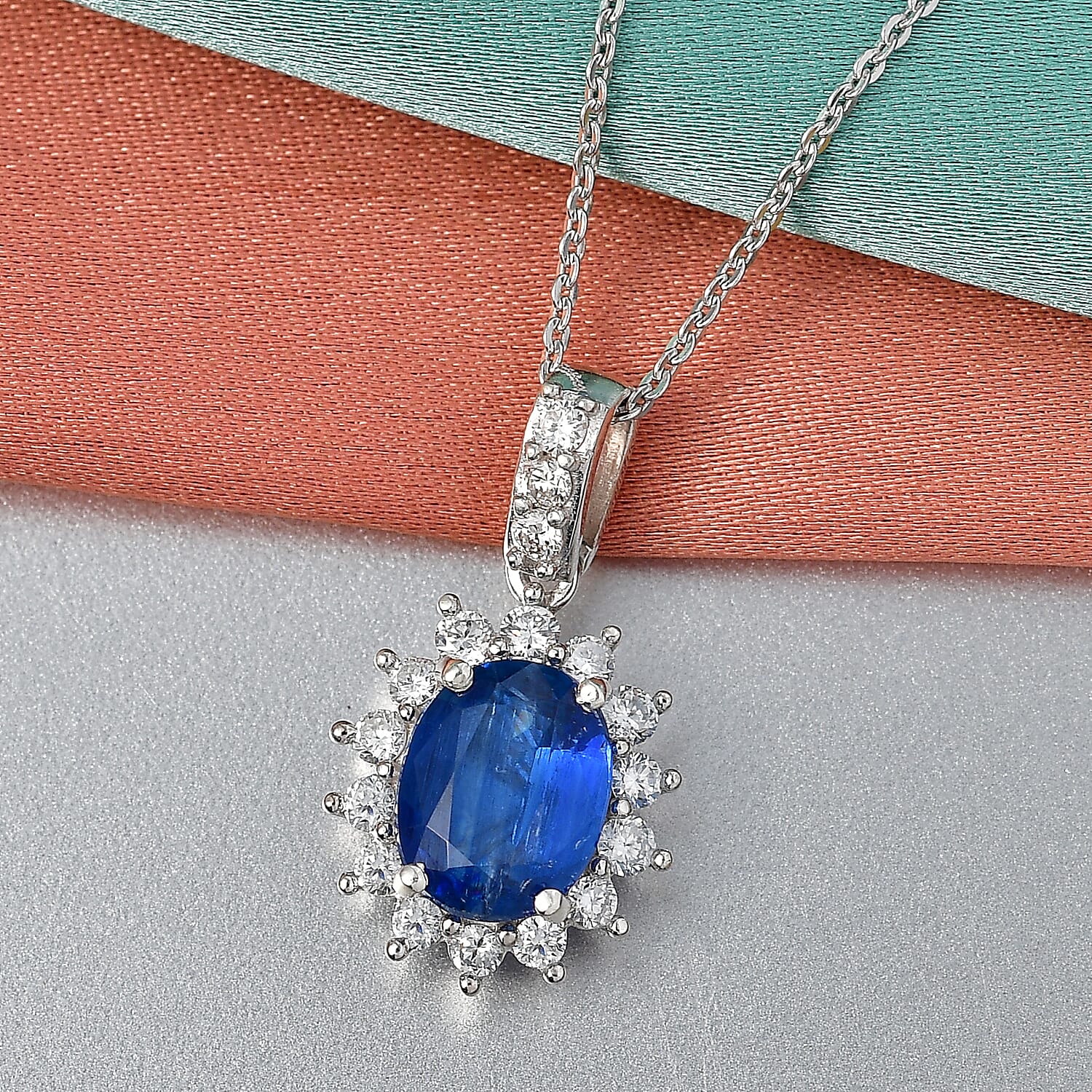 AAA Kashmir Kyanite and Luxuriat Lab Grown Diamond G-H SI 2.90 ctw Pendant Necklace (20 Inches) in Rhodium Over Sterling Silver