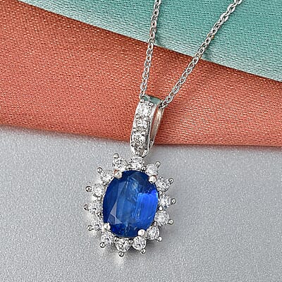 AAA Kashmir Kyanite and Luxuriant Lab Grown Diamond G-H SI 2.90 ctw Pendant Necklace (20 Inches) in Rhodium Over Sterling Silver