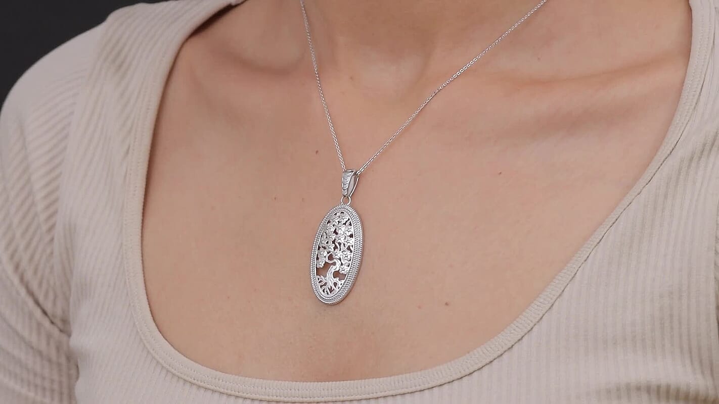 D'Joy Tree of Life Pendant Necklace in Rhodium Over Sterling Silver 7.90 Grams 20 Inches