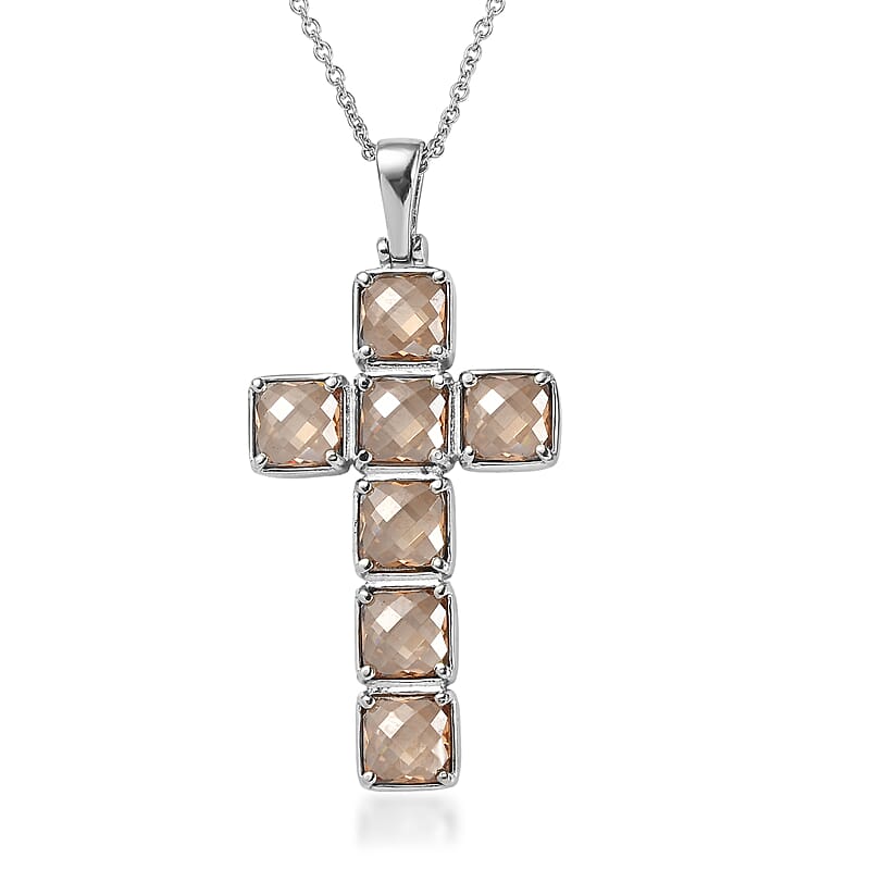 EverTrue Simulated Champagne Diamond Cross Pendant Necklace (20 Inches) in Stainless Steel