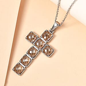 EverTrue Simulated Champagne Diamond Cross Pendant Necklace (20 Inches) in Stainless Steel