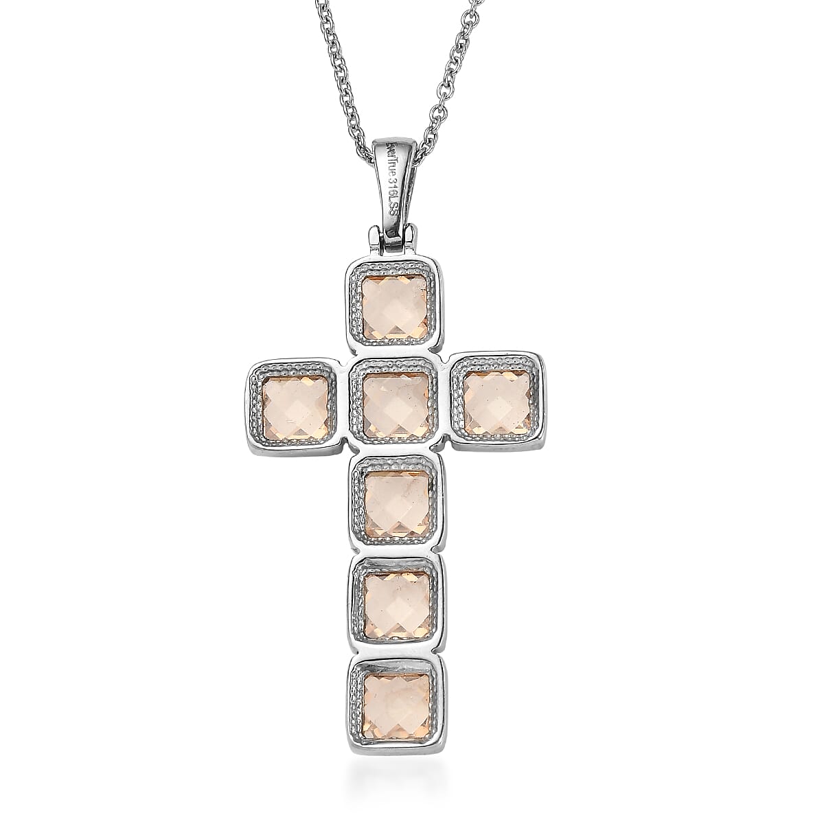 EverTrue Simulated Champagne Diamond Cross Pendant Necklace (20 Inches) in Stainless Steel