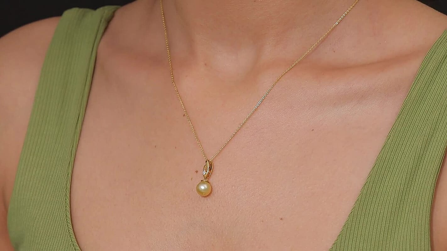South Sea Golden Cultured Pearl and Luxuriant Lab Grown Diamond G-H SI Drop Pendant Necklace in 18K Vermeil Yellow Gold Over Sterling Silver 20 Inches