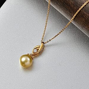 South Sea Golden Cultured Pearl and Luxuriant Lab Grown Diamond G-H SI Drop Pendant Necklace in 18K Vermeil Yellow Gold Over Sterling Silver 20 Inches