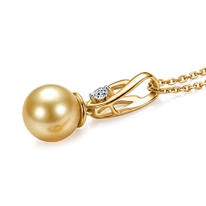 South Sea Golden Cultured Pearl and Luxuriant Lab Grown Diamond G-H SI Drop Pendant Necklace in 18K Vermeil Yellow Gold Over Sterling Silver 20 Inches