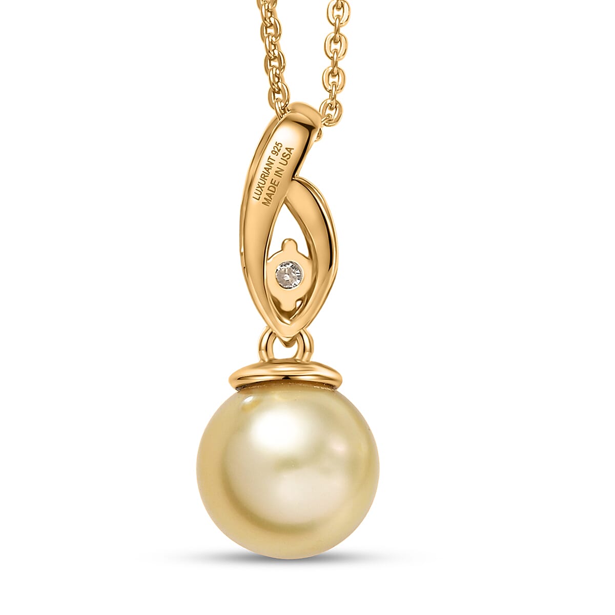 South Sea Golden Cultured Pearl and Luxuriant Lab Grown Diamond G-H SI Drop Pendant Necklace in 18K Vermeil Yellow Gold Over Sterling Silver 20 Inches