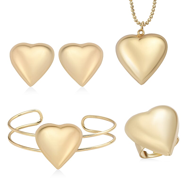 4 Piece Set - Heart Earrings, Necklace (17 Inches), Cuff Bracelet and Ring (Adjustable) in Goldtone