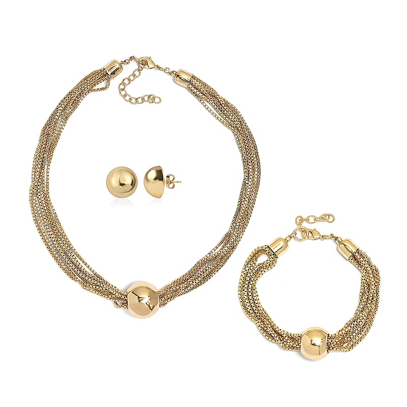 3 Piece Set - Multi Layer Chain Necklace (15 Inches), Bracelet (7.50In) and Earrings in Goldtone