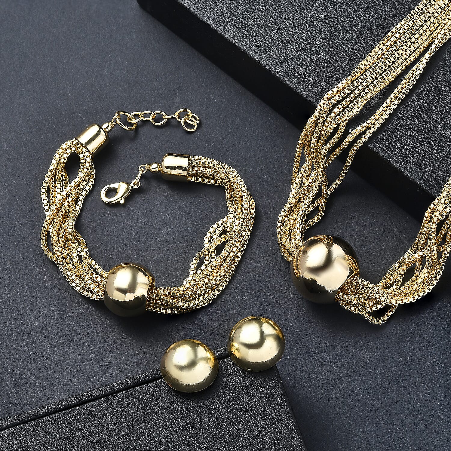 3 Piece Set - Multi Layer Chain Necklace (15 Inches), Bracelet (7.50In) and Earrings in Goldtone