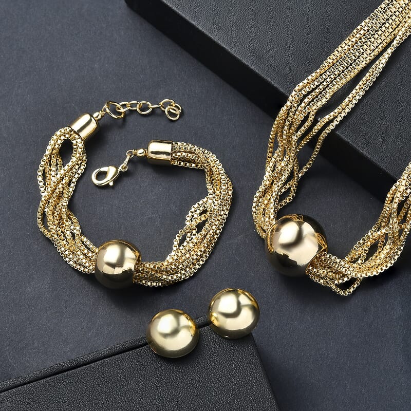 3 Piece Set - Multi Layer Chain Necklace (15 Inches), Bracelet (7.50In) and Earrings in Goldtone