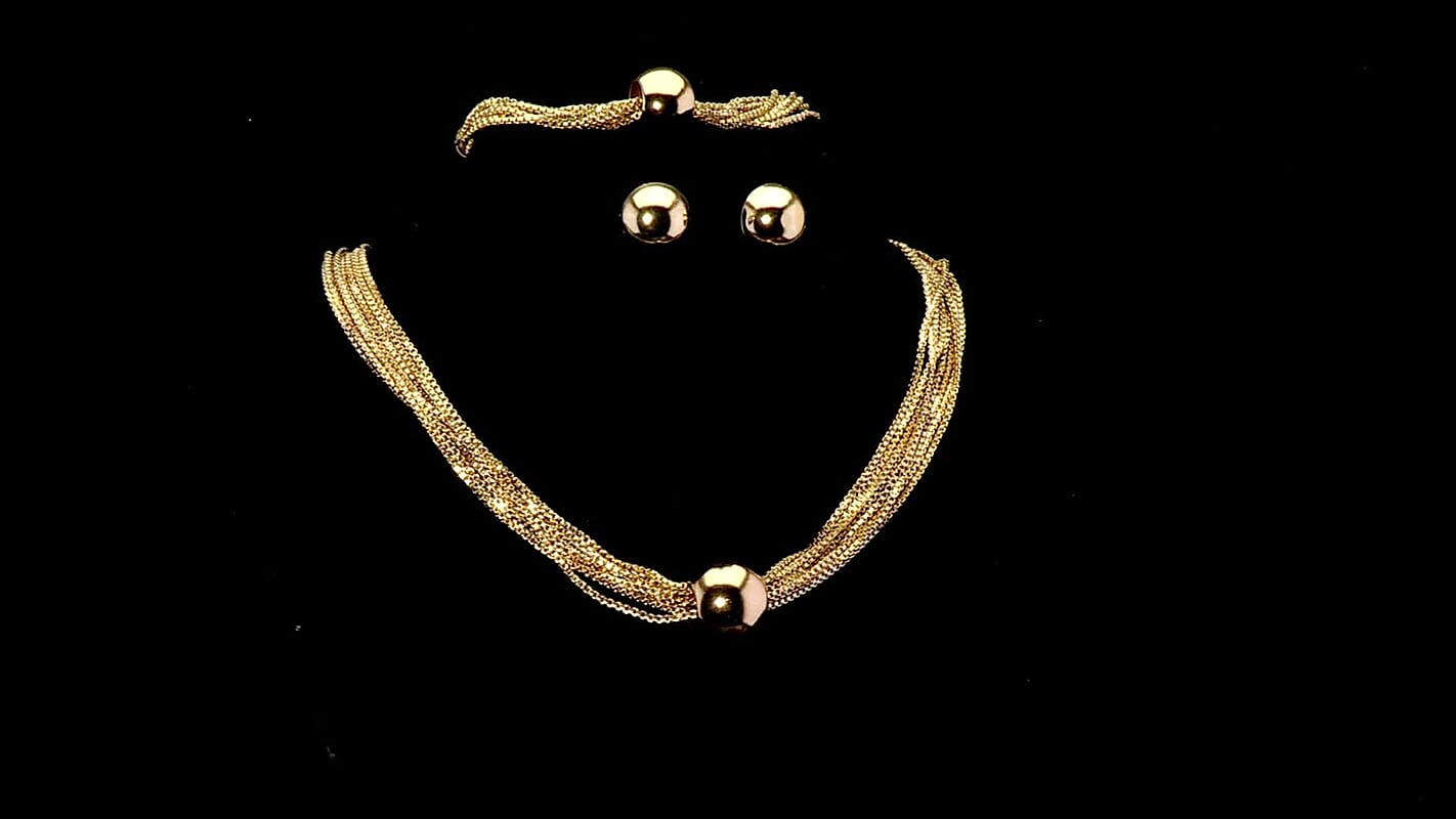 3 Piece Set - Multi Layer Chain Necklace (15 Inches), Bracelet (7.50In) and Earrings in Goldtone