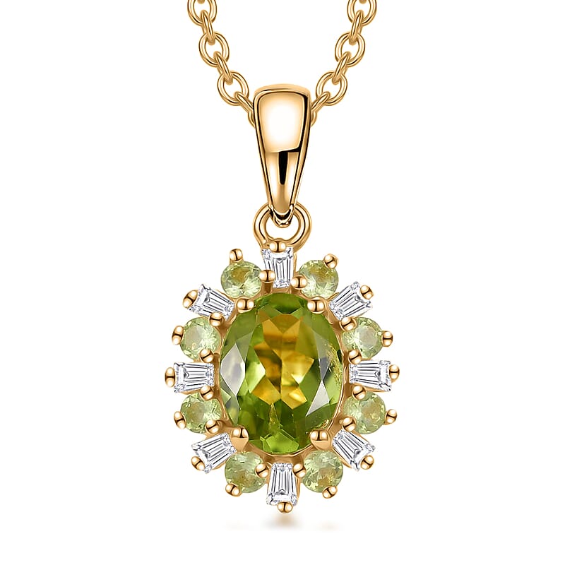 EverTrue Hebei Peridot and Moissanite 2.00 ctw Sunburst Pendant in 18K YG Plated with ION Plated YG Stainless Steel Necklace (20 Inches)