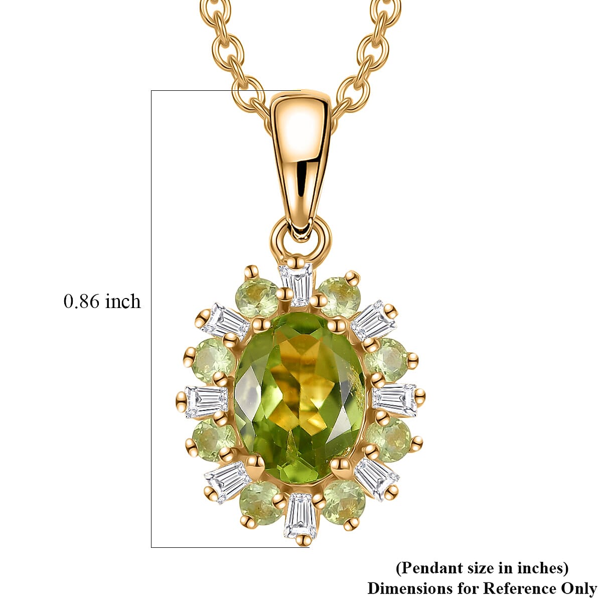 EverTrue Hebei Peridot and Moissanite 2.00 ctw Sunburst Pendant in 18K YG Plated with ION Plated YG Stainless Steel Necklace (20 Inches)