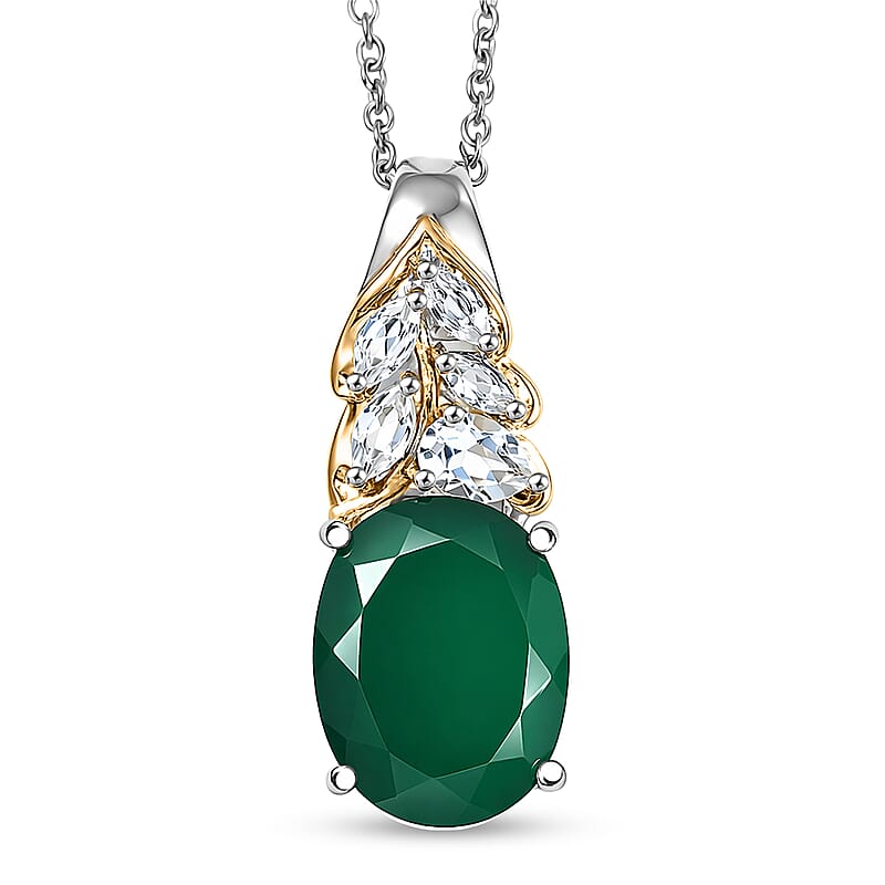EverTrue Verde Onyx and White Topaz 9.00 ctw Pendant in 18K YG Plated and Platinum Bond with Stainless Steel Necklace 20 Inches