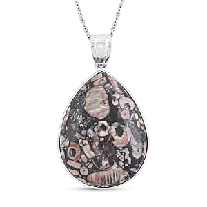 Insect Fossil Jasper 52.00 ctw Pendant in Silvertone with Stainless Steel Necklace (20 Inches)