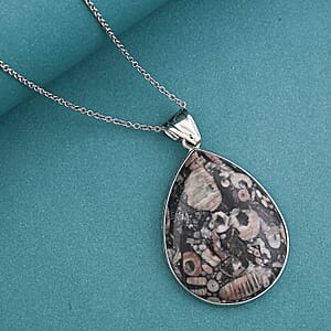 Insect Fossil Jasper 52.00 ctw Pendant in Silvertone with Stainless Steel Necklace (20 Inches)