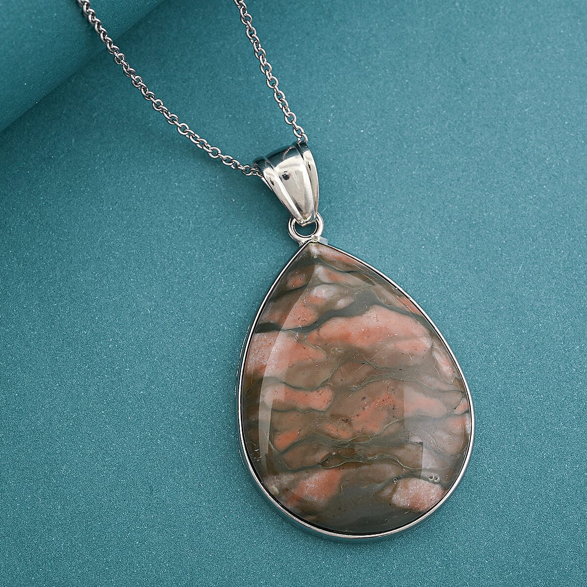 Hand-Polished Rainbow Zebra Jasper 52.00 ctw Pendant in Silvertone with Stainless Steel Necklace 20 Inches image number 1
