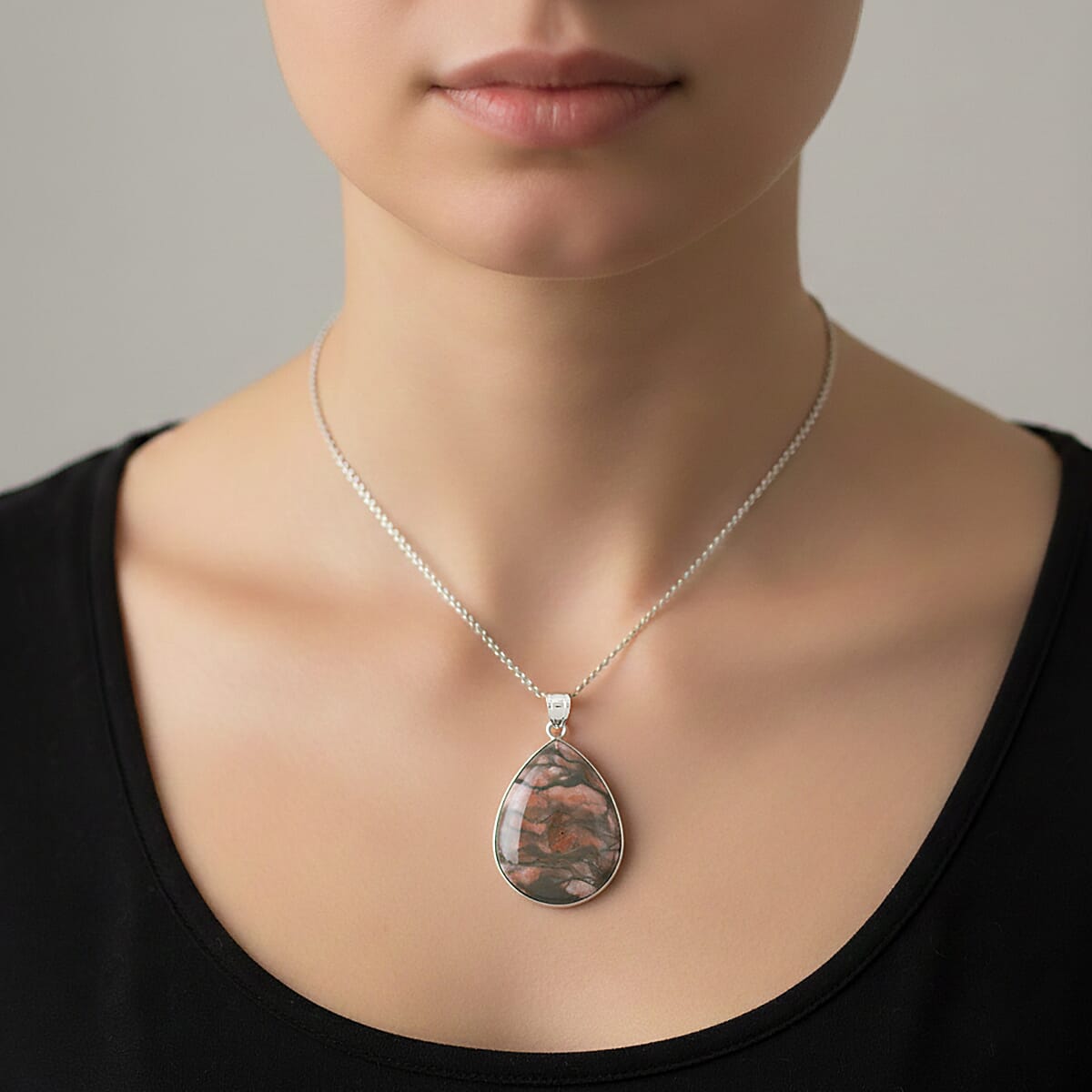 Hand-Polished Rainbow Zebra Jasper 52.00 ctw Pendant in Silvertone with Stainless Steel Necklace 20 Inches image number 2
