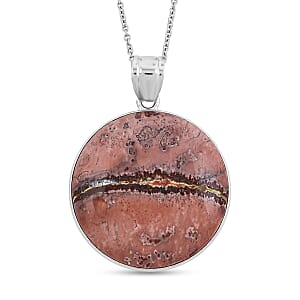 Hand-Polish Round Red Picture Jasper 50.00 ctw Pendant in Silvertone with Stainless Steel Necklace (20 Inches)