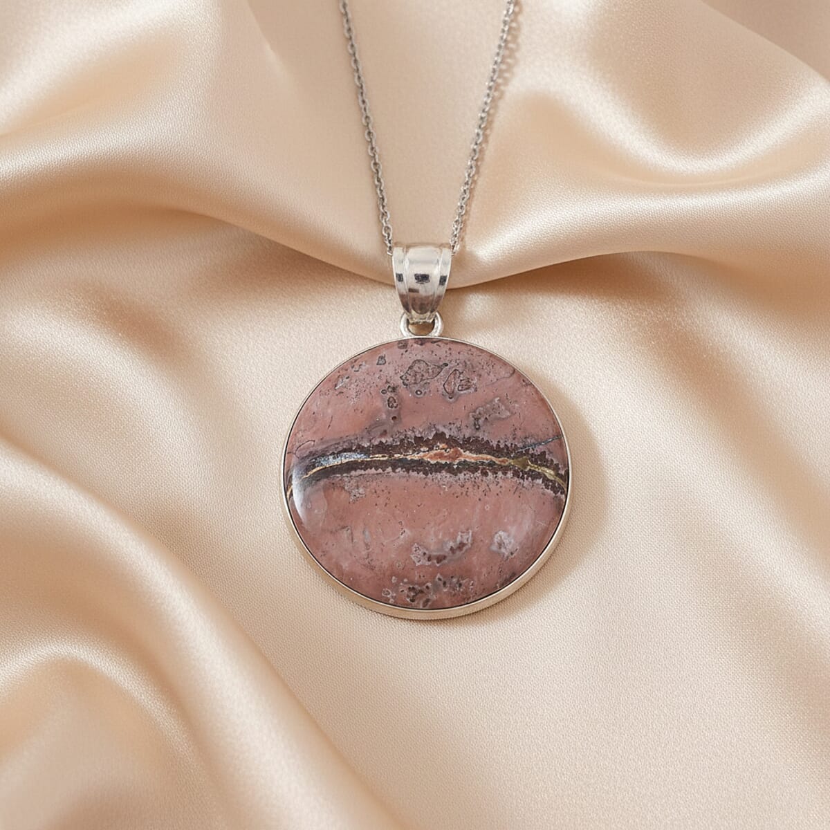 Hand-Polish Round Red Picture Jasper 50.00 ctw Pendant in Silvertone with Stainless Steel Necklace (20 Inches) image number 1