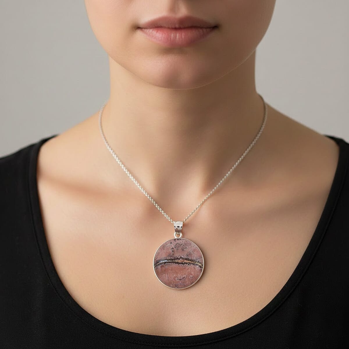 Hand-Polish Round Red Picture Jasper 50.00 ctw Pendant in Silvertone with Stainless Steel Necklace (20 Inches) image number 2