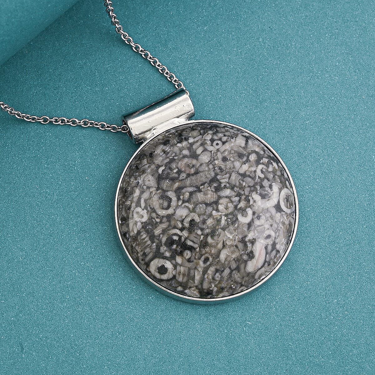 Hand-Polish Round Insect Fossil Jasper 48.00 ctw Pendant in Silvertone with Stainless Steel Necklace 20 Inches image number 1