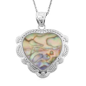 Plain Inlay Frame Heart Hand Cut Sea Opal 32.00 ctw Pendant in Silvertone with Stainless Steel Necklace 20 Inches
