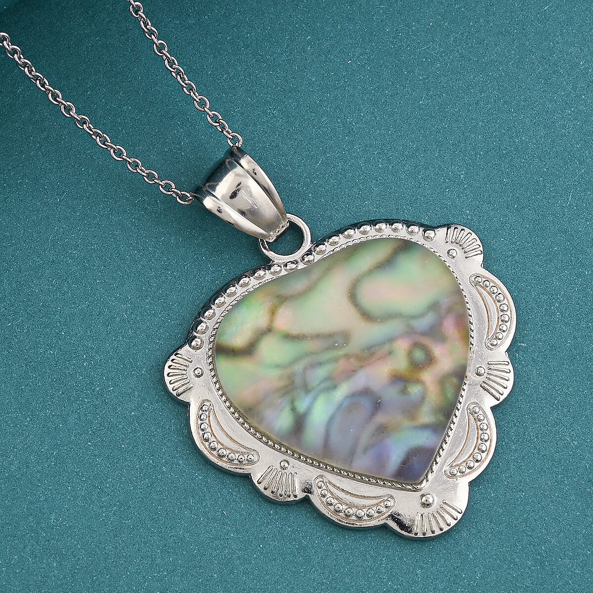 Plain Inlay Frame Heart Hand Cut Sea Opal 32.00 ctw Pendant in Silvertone with Stainless Steel Necklace 20 Inches image number 1
