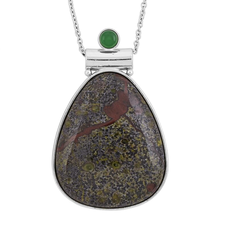 Dragon Bloodstone Jasper and Multi Gemstone 36.00 ctw Drop Frame Pendant in Silvertone with Stainless Steel Necklace 20 Inches