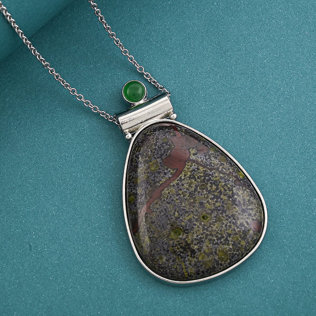 Dragon Bloodstone Jasper and Multi Gemstone 36.00 ctw Drop Frame Pendant in Silvertone with Stainless Steel Necklace 20 Inches image number 1