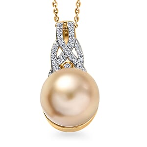 South Sea Golden Cultured Pearl and Luxuriant Lab Grown Diamond (G-H, SI) 0.20 ctw Infinity Weave Pendant Necklace in 18K Vermeil Yellow Gold Over Sterling Silver 20 Inches