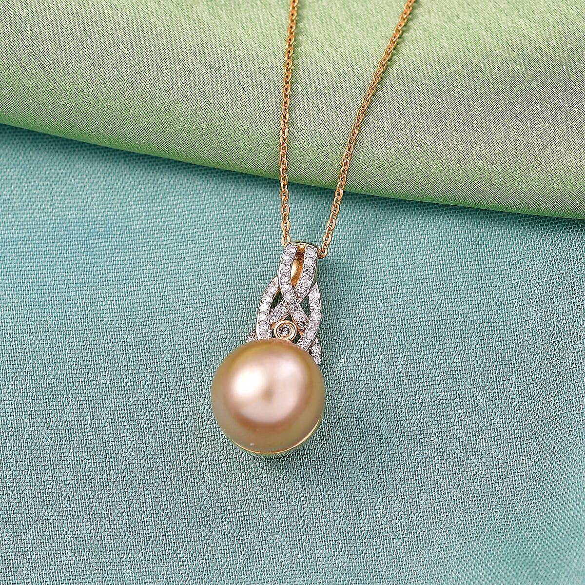 South Sea Golden Cultured Pearl and Luxuriant Lab Grown Diamond (G-H, SI) 0.20 ctw Infinity Weave Pendant Necklace in 18K Vermeil Yellow Gold Over Sterling Silver 20 Inches image number 1