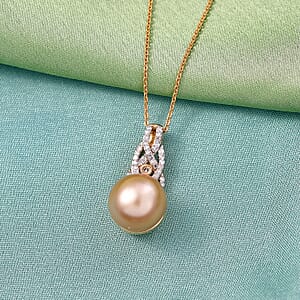 South Sea Golden Cultured Pearl and Luxuriant Lab Grown Diamond (G-H, SI) 0.20 ctw Infinity Weave Pendant Necklace in 18K Vermeil Yellow Gold Over Sterling Silver 20 Inches