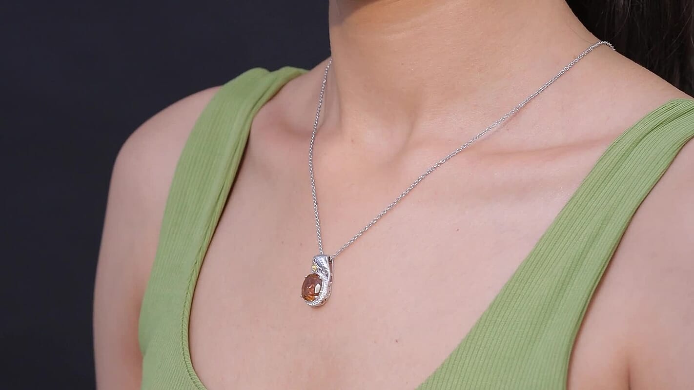EverTrue Autumn Alexite and White Zircon 5.00 ctw Maple Majesty Pendant in 18K YG Plated and Platinum Bond with Stainless Steel Necklace 20 Inches