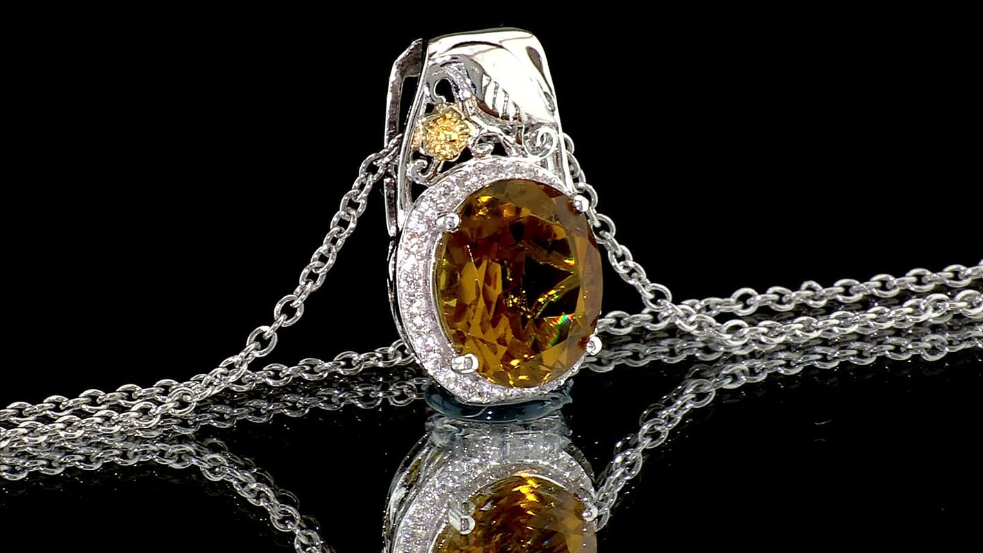 EverTrue Autumn Alexite and White Zircon 5.00 ctw Maple Majesty Pendant in 18K YG Plated and Platinum Bond with Stainless Steel Necklace 20 Inches