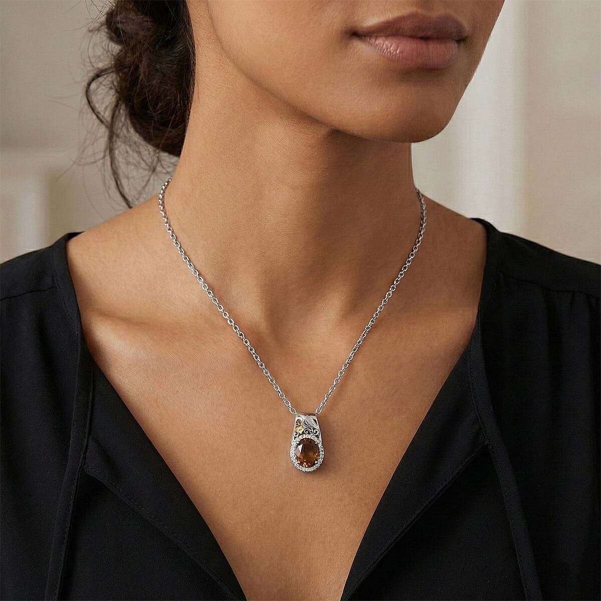 EverTrue Autumn Alexite and White Zircon 5.00 ctw Maple Majesty Pendant in 18K YG Plated and Platinum Bond with Stainless Steel Necklace 20 Inches image number 2