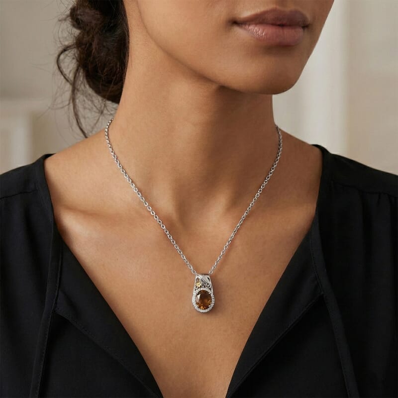 EverTrue Autumn Alexite and White Zircon 5.00 ctw Maple Majesty Pendant in 18K YG Plated and Platinum Bond with Stainless Steel Necklace 20 Inches