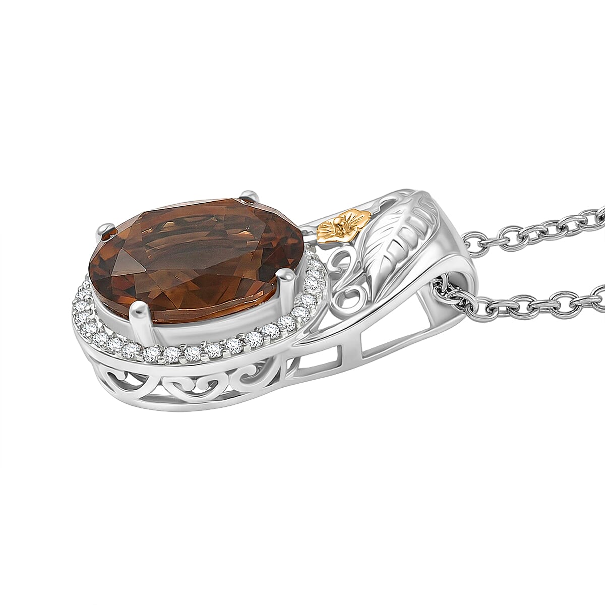 EverTrue Autumn Alexite and White Zircon 5.00 ctw Maple Majesty Pendant in 18K YG Plated and Platinum Bond with Stainless Steel Necklace 20 Inches image number 3
