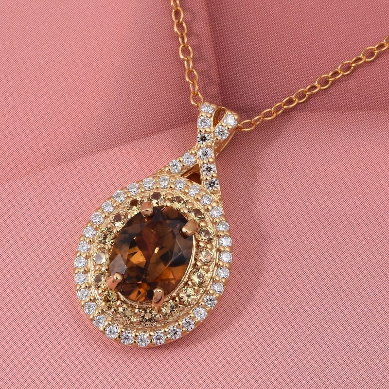 D'Joy Premium Golden Turkizite and Multi Gemstone 2.10 ctw Radiant Halo Pendant Necklace in 18K Vermeil Yellow Gold Over Sterling Silver 20 Inches
