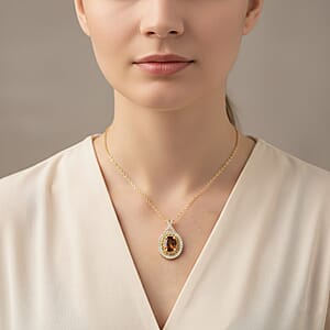 D'Joy Premium Golden Turkizite and Multi Gemstone 2.10 ctw Radiant Halo Pendant Necklace in 18K Vermeil Yellow Gold Over Sterling Silver 20 Inches 