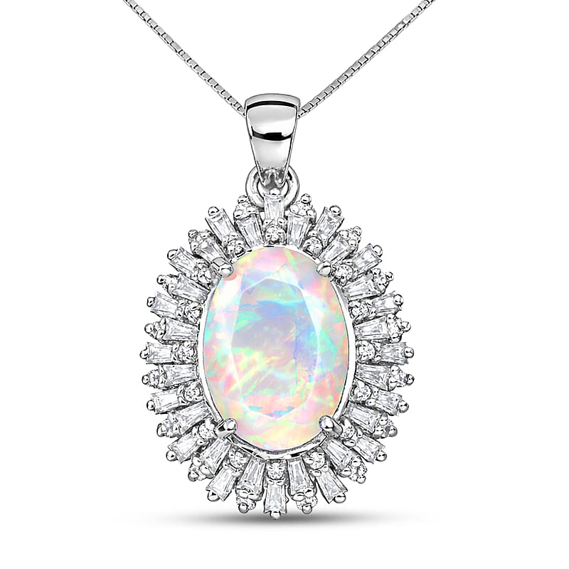 D'Joy Premium Ethiopian Welo Opal and Moissanite 4.90 ctw Moonlit Radiance Pendant Necklace in Rhodium Over Sterling Silver 20 Inches