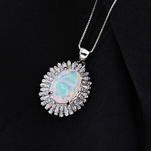 D'Joy Premium Ethiopian Welo Opal and Moissanite 4.90 ctw Moonlit Radiance Pendant Necklace in Rhodium Over Sterling Silver 20 Inches 