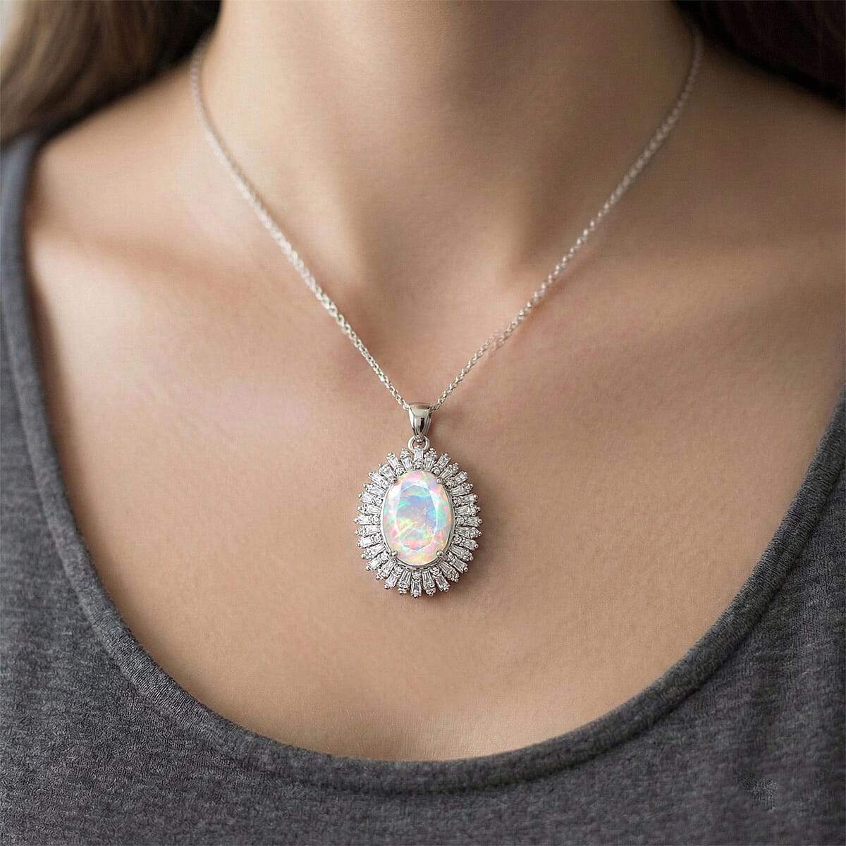 D'Joy Premium Ethiopian Welo Opal and Moissanite 4.90 ctw Moonlit Radiance Pendant Necklace in Rhodium Over Sterling Silver 20 Inches  image number 2
