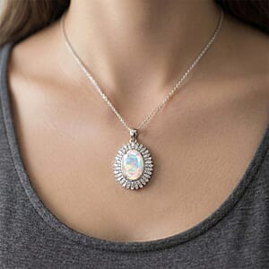 D'Joy Premium Ethiopian Welo Opal and Moissanite 4.90 ctw Moonlit Radiance Pendant Necklace in Rhodium Over Sterling Silver 20 Inches 