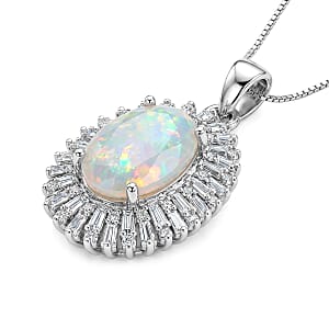 D'Joy Premium Ethiopian Welo Opal and Moissanite 4.90 ctw Moonlit Radiance Pendant Necklace in Rhodium Over Sterling Silver 20 Inches 